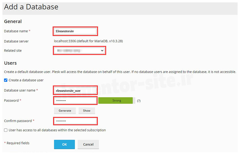 ساخت دیتابیس در کنترل پنل پلسک