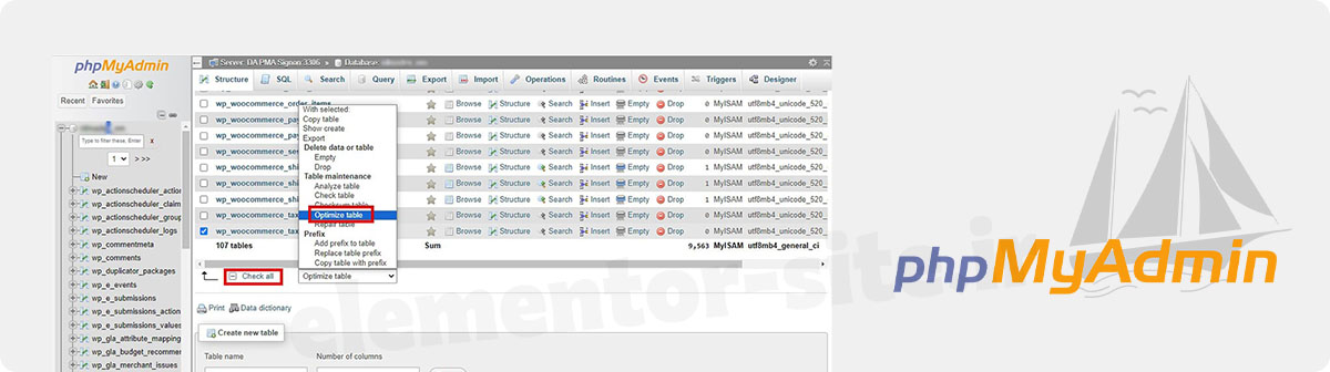 بهینه سازی دیتابیس از طریق phpMyAdmin