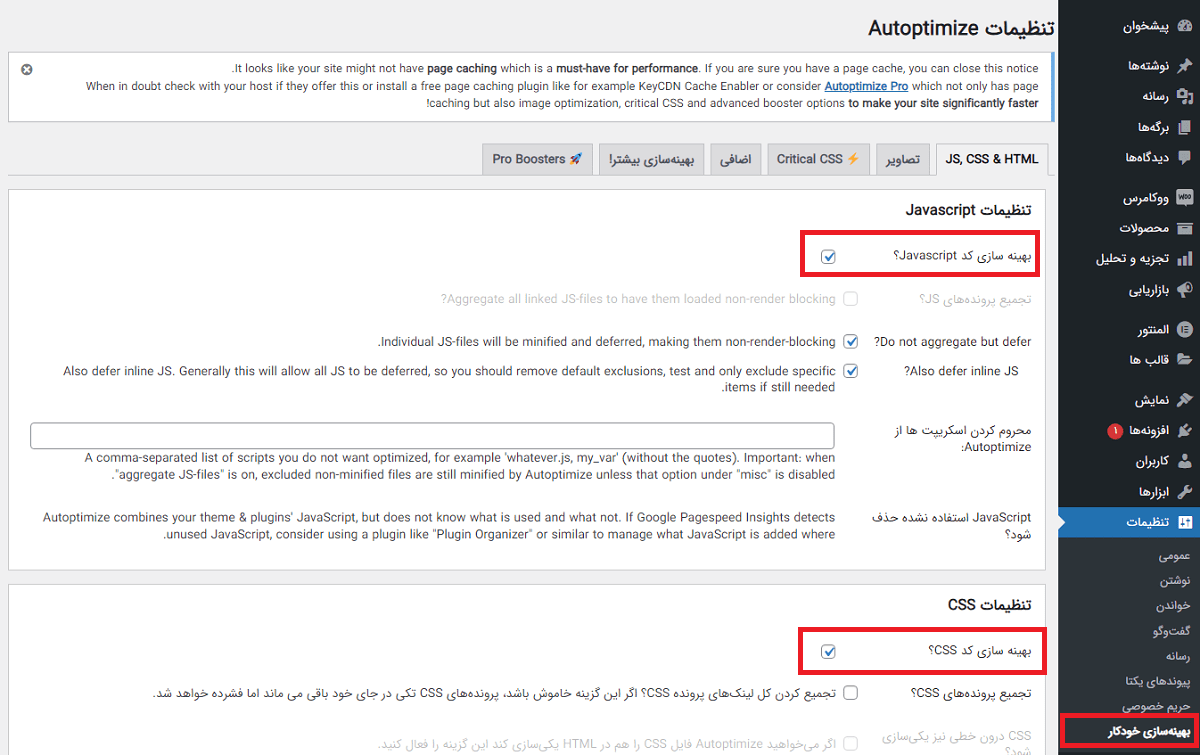 بهینه سازی فایل های css و js با افزونه Autoptimize
