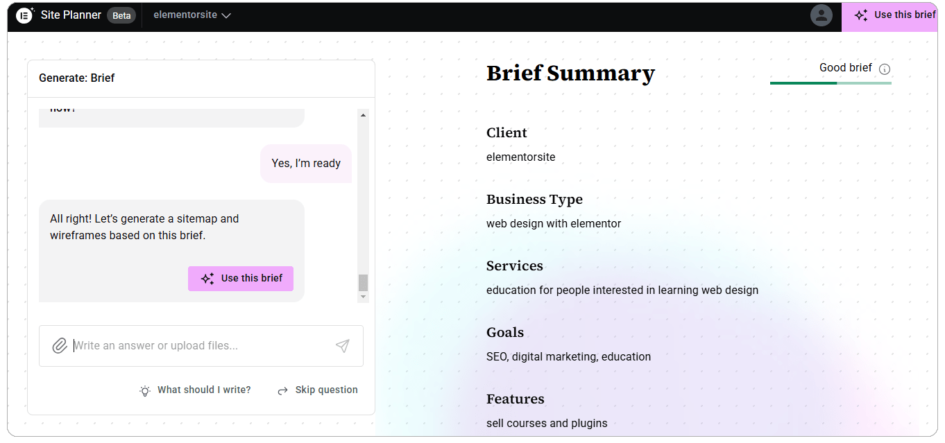 کار با ابزار Ai site planner