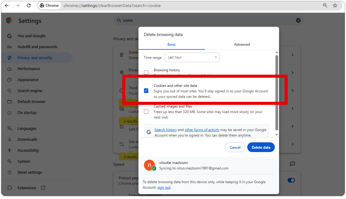 رفرش صفحه و پاک کردن کش (cache) و کوکی ها: